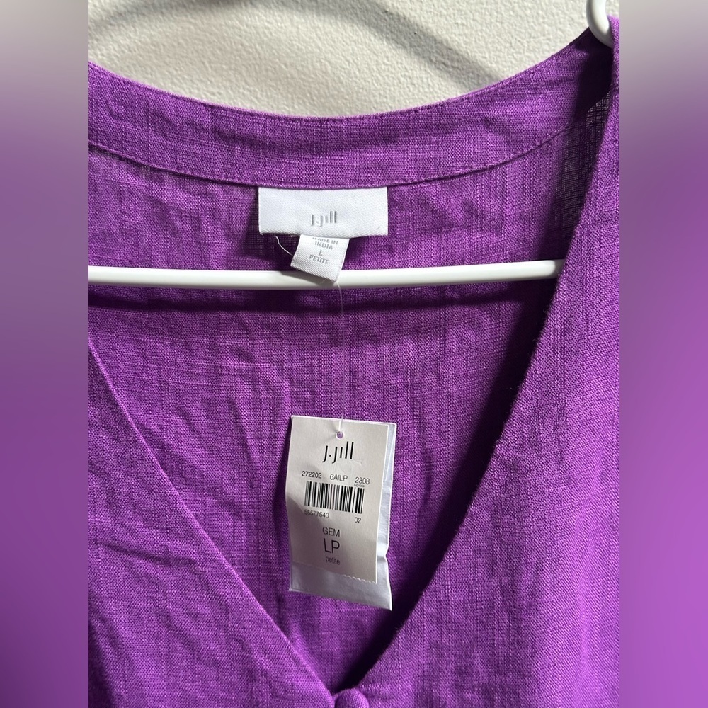 NEW‎ J.Jill Linen Blend Balloon Sleeve Button Front Purple Midi Dress Women’s LP - Picture 6 of 11